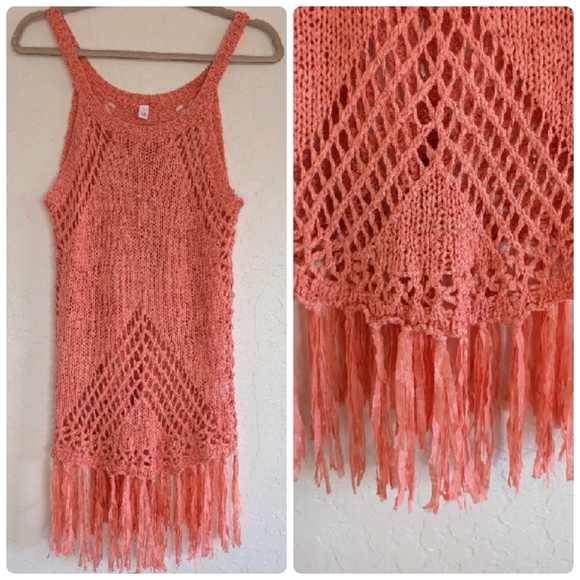 Unbranded Tops - Linen Wool Blend Coral Crochet Fringe Tank Tunic Swim Cover Boho Festival Resort